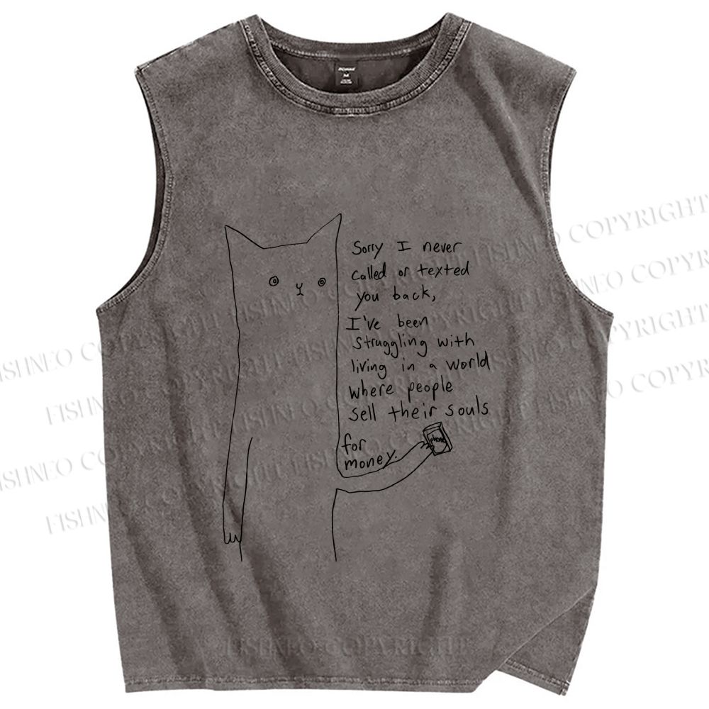Unisex Line Cat Sorry For Never Call Printed Washed Tank Top