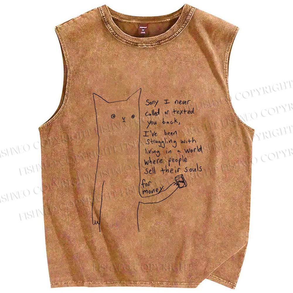 Unisex Line Cat Sorry For Never Call Printed Washed Tank Top