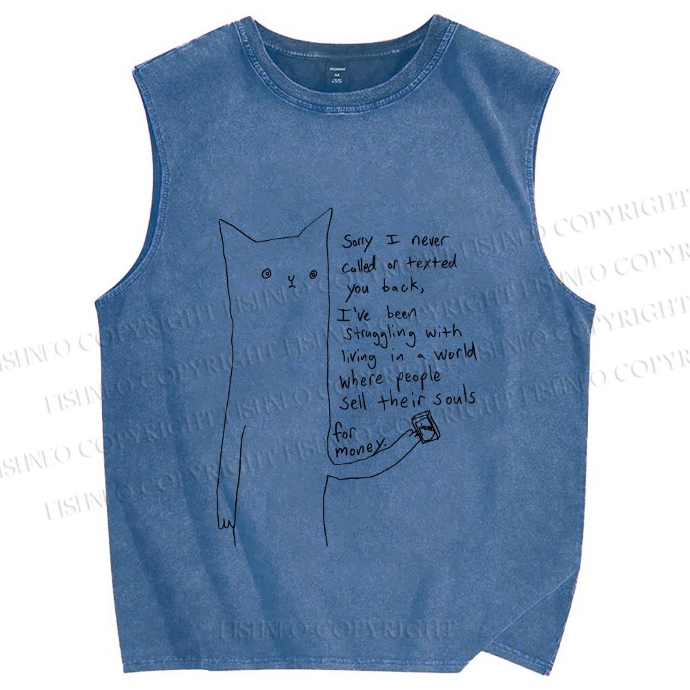 Unisex Line Cat Sorry For Never Call Printed Washed Tank Top