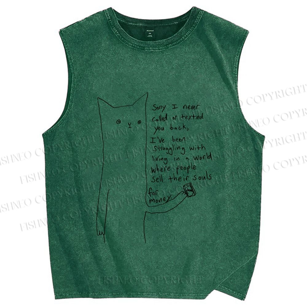 Unisex Line Cat Sorry For Never Call Printed Washed Tank Top