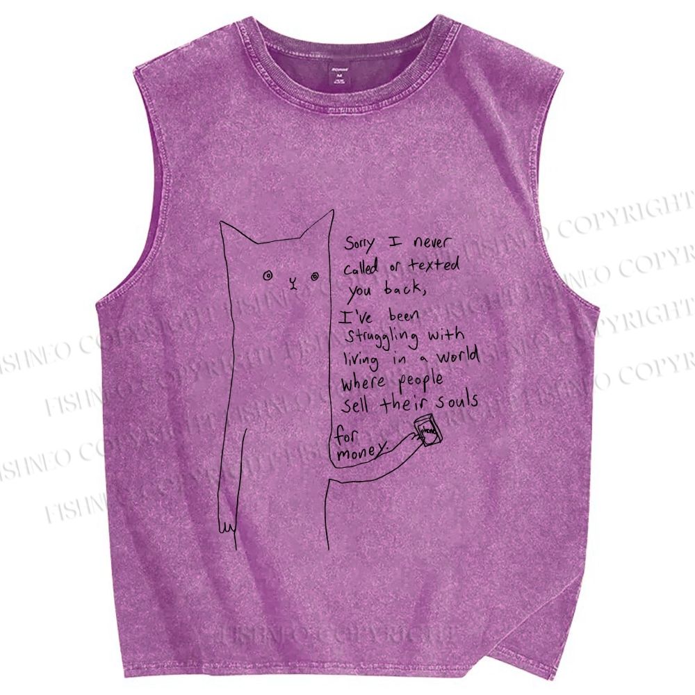 Unisex Line Cat Sorry For Never Call Printed Washed Tank Top