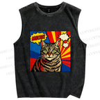Unisex Comic Cat Meow Printed Washed Tank Top