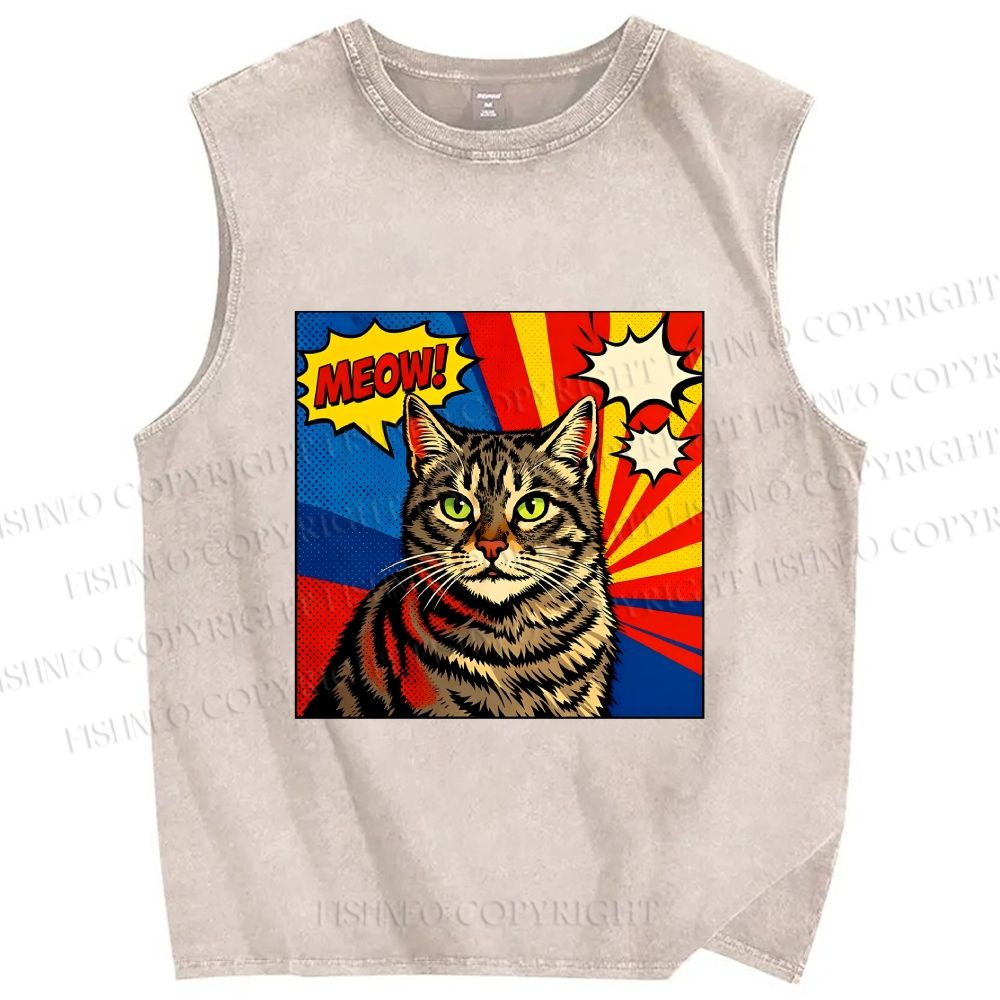 Unisex Comic Cat Meow Printed Washed Tank Top