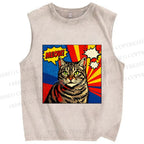 Unisex Comic Cat Meow Printed Washed Tank Top