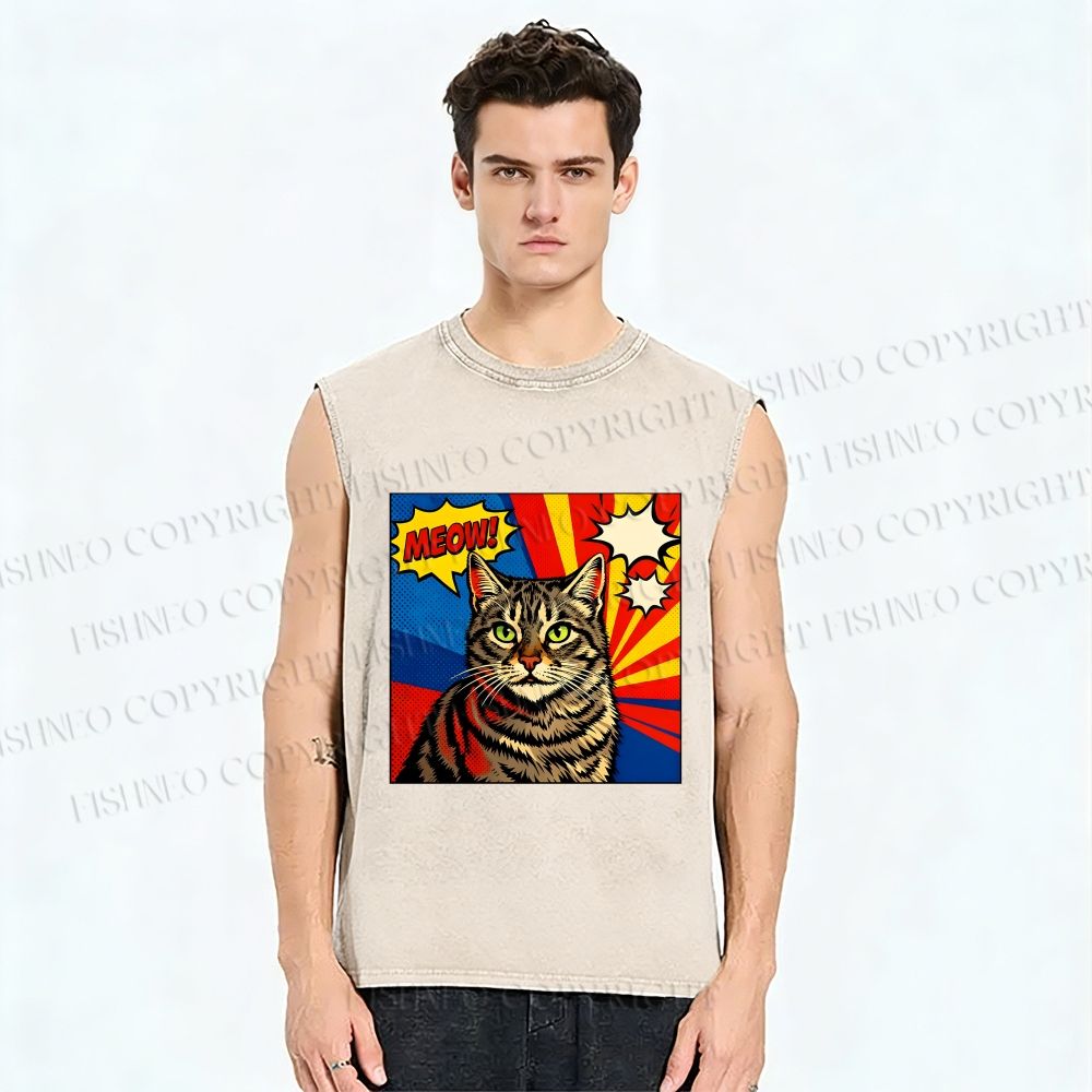 Unisex Comic Cat Meow Printed Washed Tank Top
