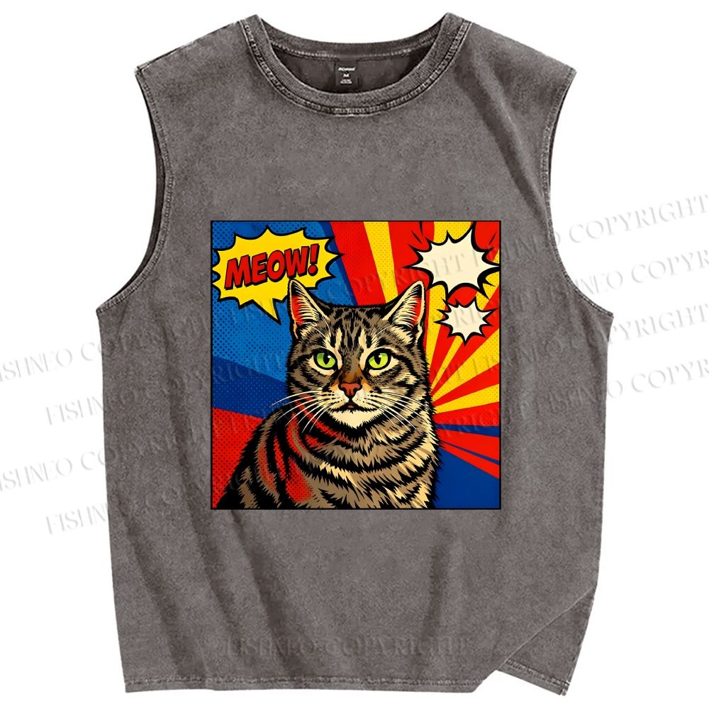 Unisex Comic Cat Meow Printed Washed Tank Top