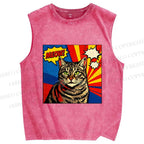 Unisex Comic Cat Meow Printed Washed Tank Top