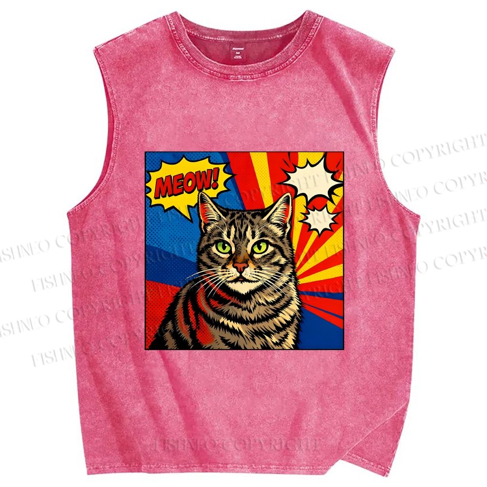 Unisex Comic Cat Meow Printed Washed Tank Top