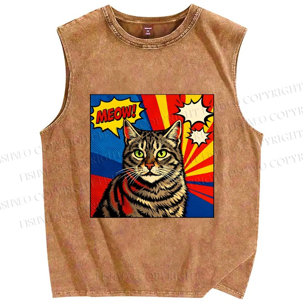 Unisex Comic Cat Meow Printed Washed Tank Top