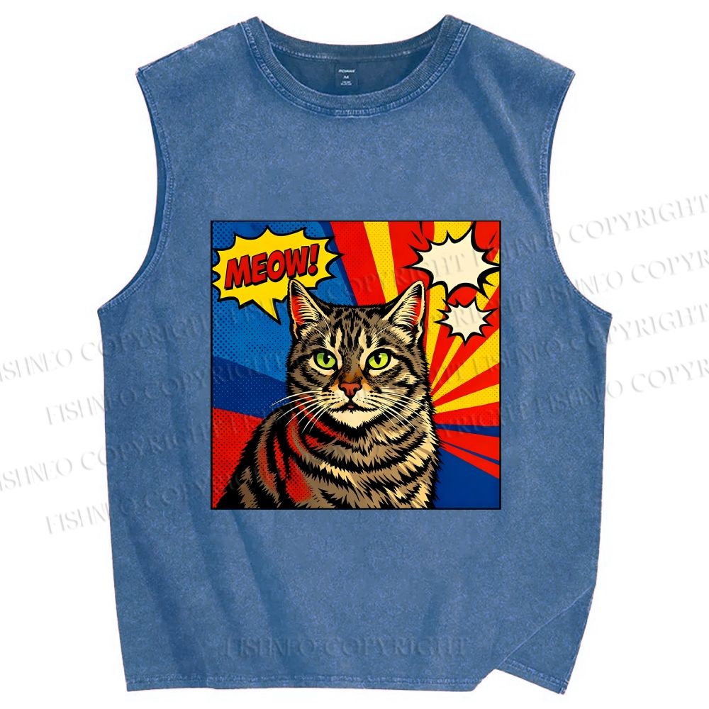Unisex Comic Cat Meow Printed Washed Tank Top