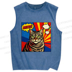 Unisex Comic Cat Meow Printed Washed Tank Top