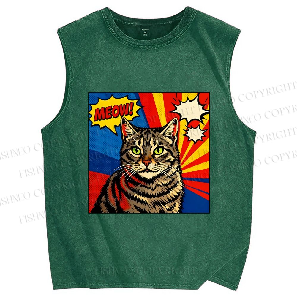 Unisex Comic Cat Meow Printed Washed Tank Top