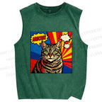 Unisex Comic Cat Meow Printed Washed Tank Top
