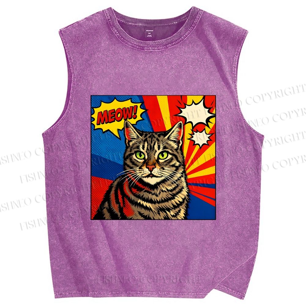 Unisex Comic Cat Meow Printed Washed Tank Top