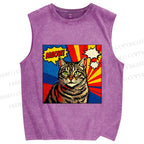 Unisex Comic Cat Meow Printed Washed Tank Top