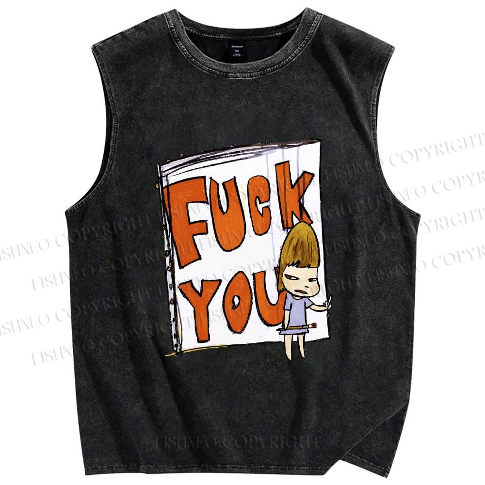 Unisex Yoshitomo Nara Fuck You Printed Washed Tank Top