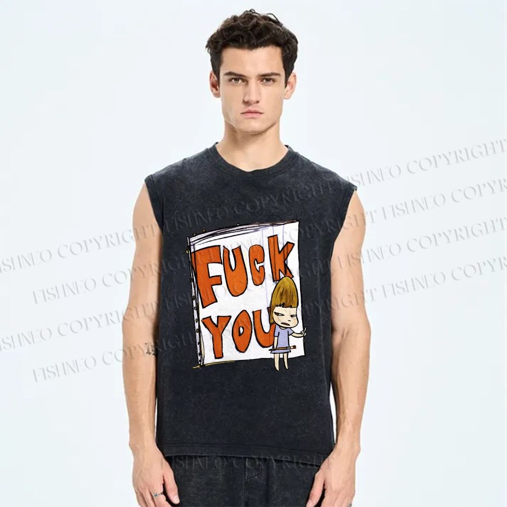 Unisex Yoshitomo Nara Fuck You Printed Washed Tank Top