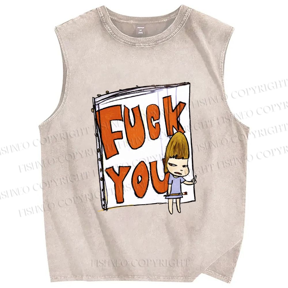 Unisex Yoshitomo Nara Fuck You Printed Washed Tank Top