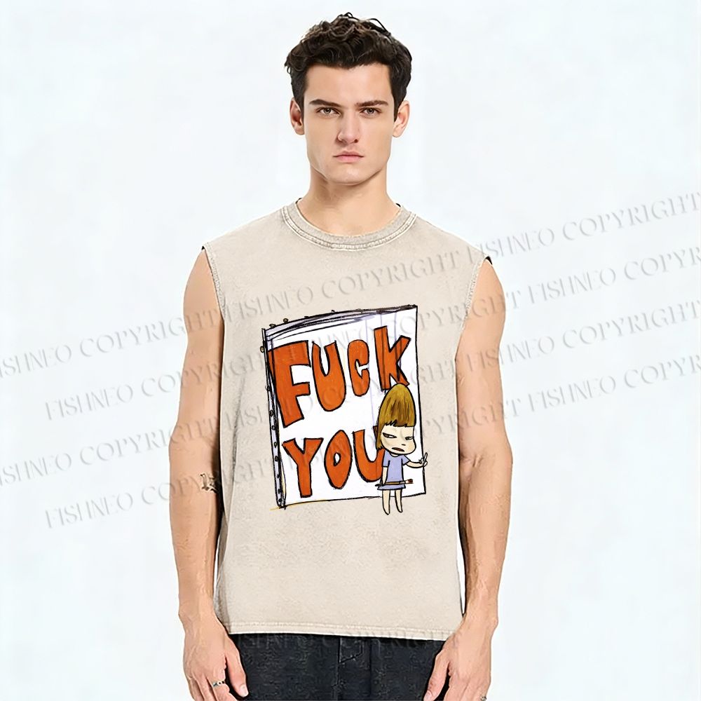 Unisex Yoshitomo Nara Fuck You Printed Washed Tank Top