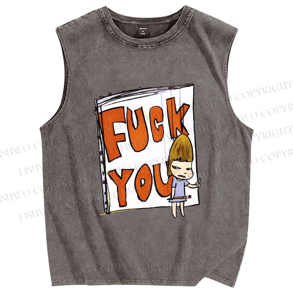 Unisex Yoshitomo Nara Fuck You Printed Washed Tank Top