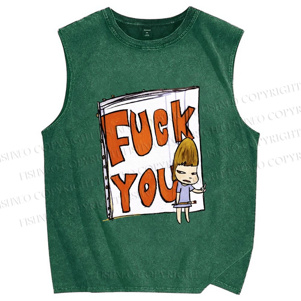 Unisex Yoshitomo Nara Fuck You Printed Washed Tank Top