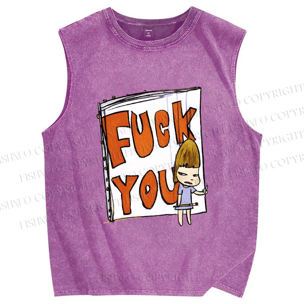 Unisex Yoshitomo Nara Fuck You Printed Washed Tank Top