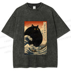 Unisex Cat wave Printed Washed Tee