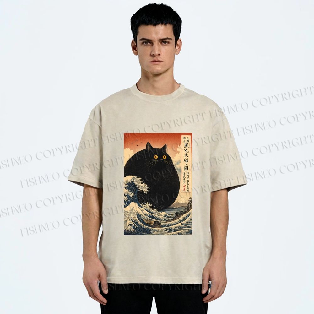 Unisex Cat wave Printed Washed Tee