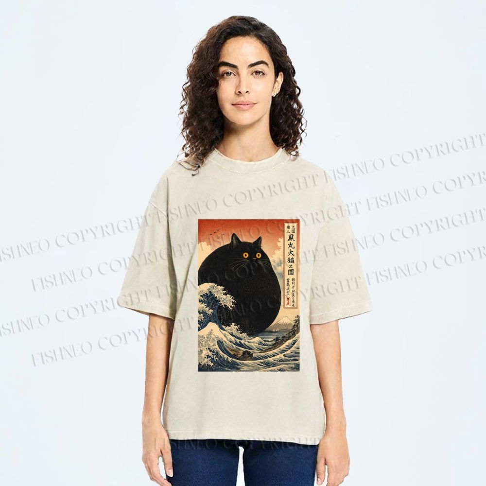 Unisex Cat wave Printed Washed Tee