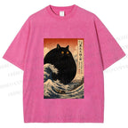 Unisex Cat wave Printed Washed Tee