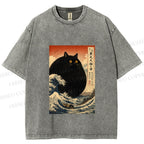 Unisex Cat wave Printed Washed Tee