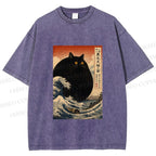 Unisex Cat wave Printed Washed Tee