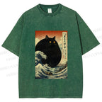Unisex Cat wave Printed Washed Tee