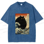 Unisex Cat wave Printed Washed Tee