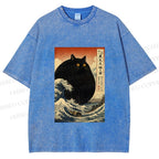 Unisex Cat wave Printed Washed Tee