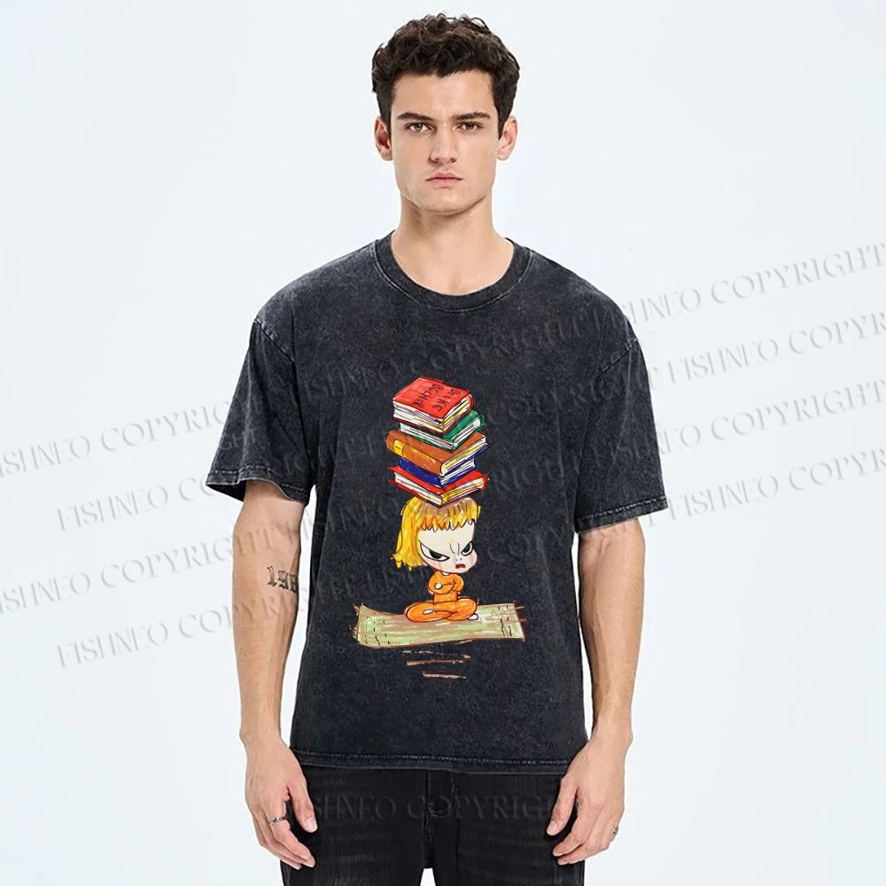 Unisex Yoshitomo Nara Got Books on Head Printed Washed Tee