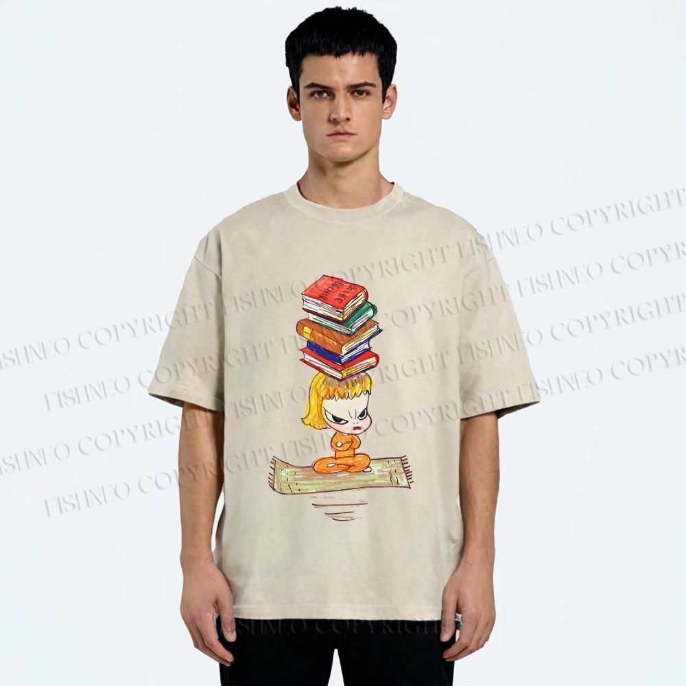 Unisex Yoshitomo Nara Got Books on Head Printed Washed Tee