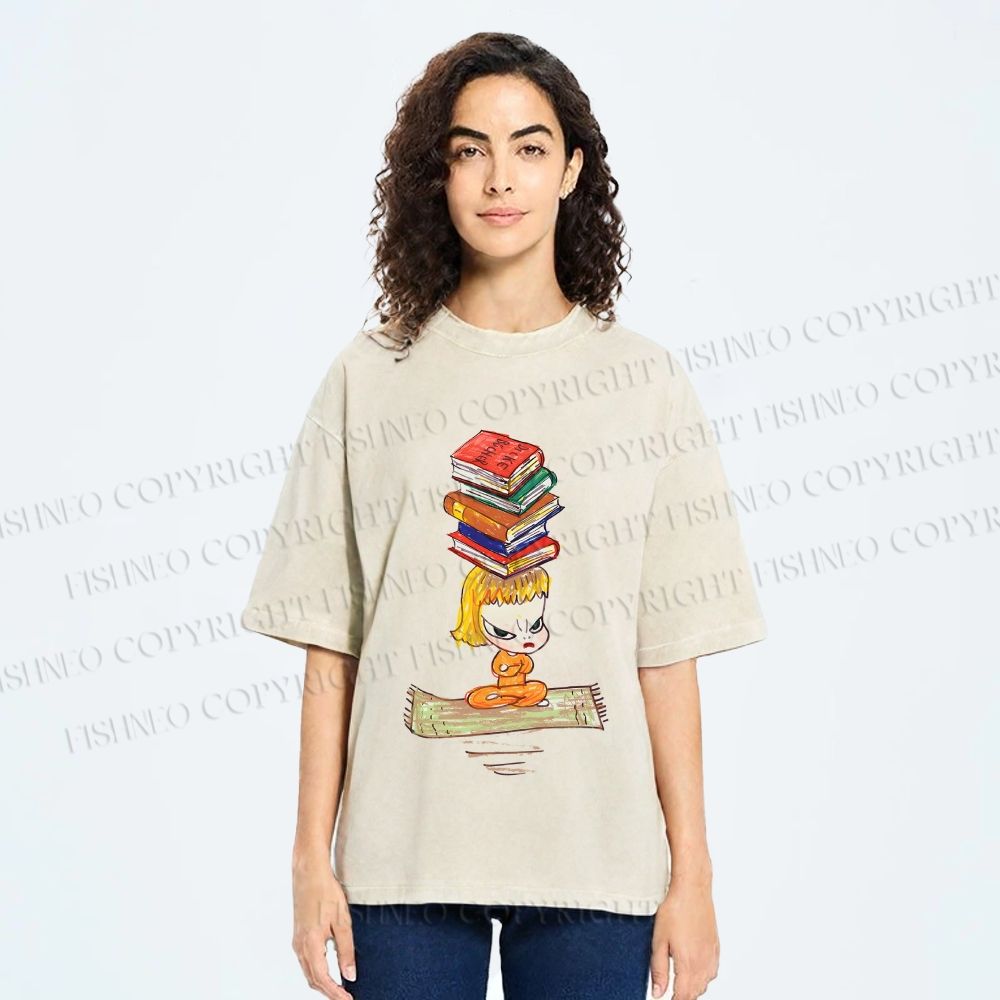 Unisex Yoshitomo Nara Got Books on Head Printed Washed Tee