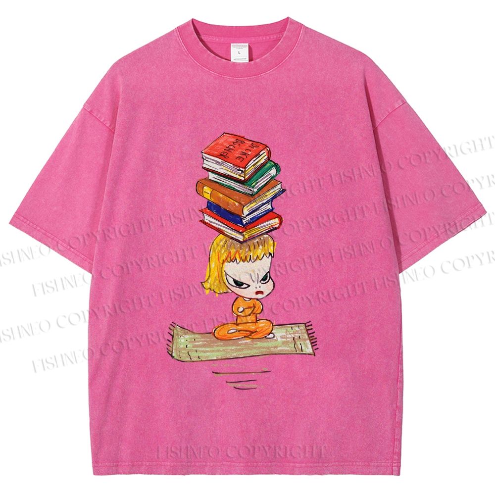 Unisex Yoshitomo Nara Got Books on Head Printed Washed Tee