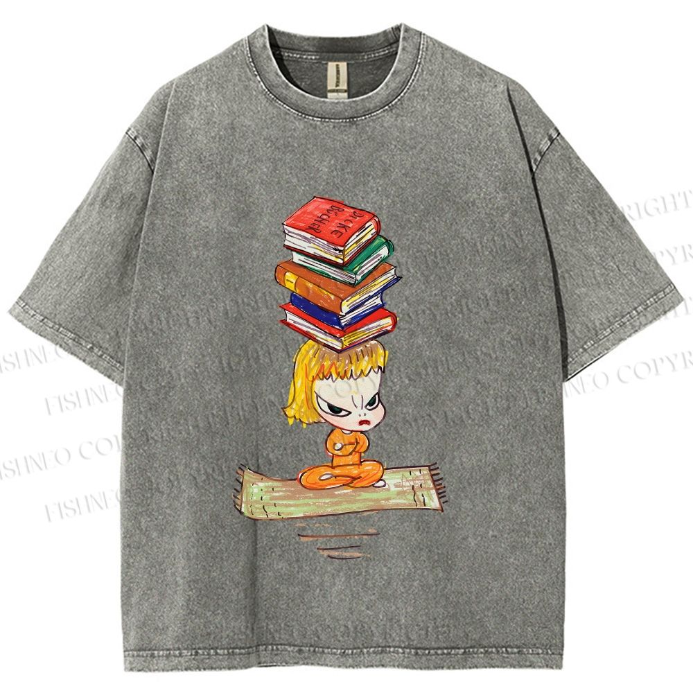 Unisex Yoshitomo Nara Got Books on Head Printed Washed Tee