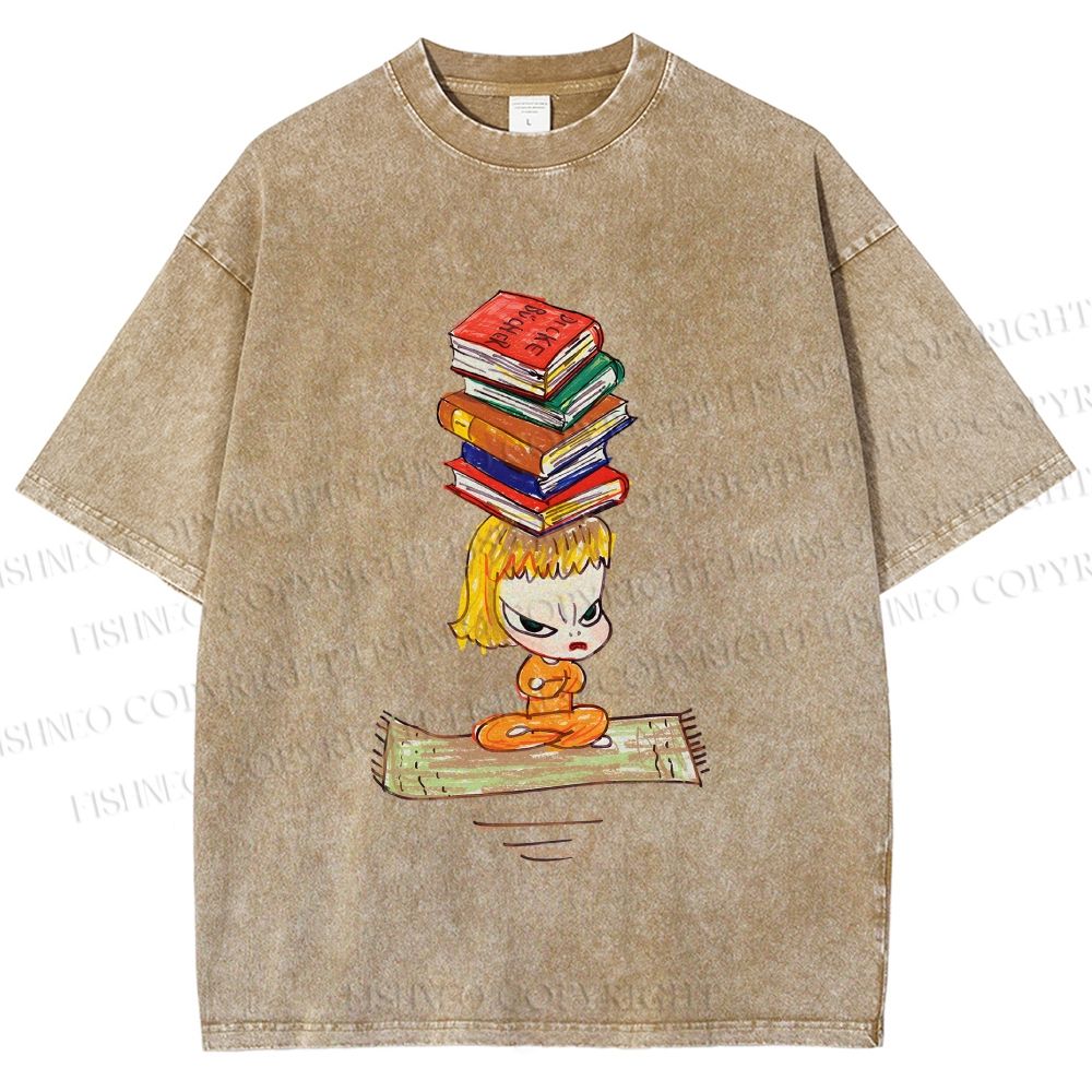 Unisex Yoshitomo Nara Got Books on Head Printed Washed Tee