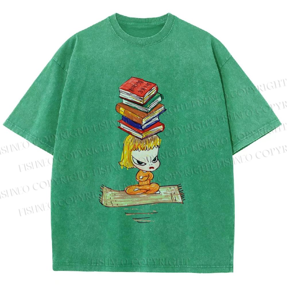 Unisex Yoshitomo Nara Got Books on Head Printed Washed Tee