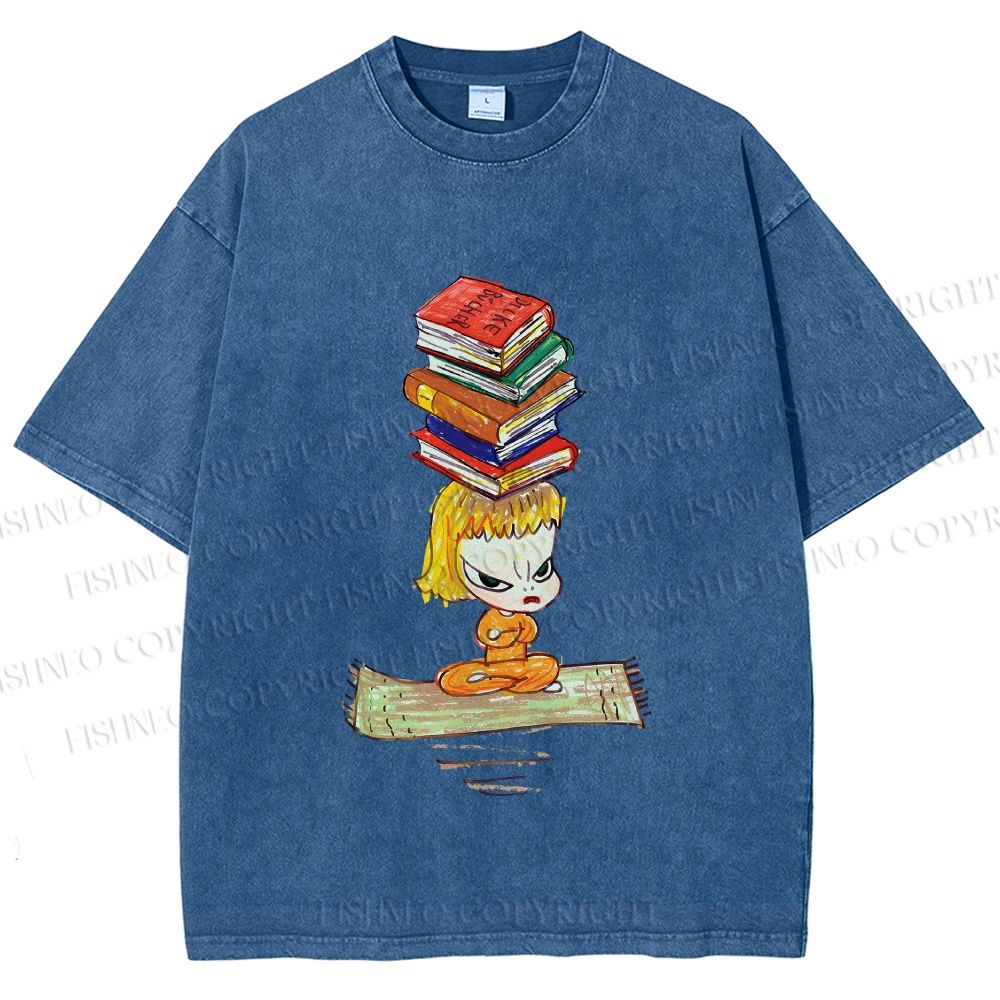 Unisex Yoshitomo Nara Got Books on Head Printed Washed Tee