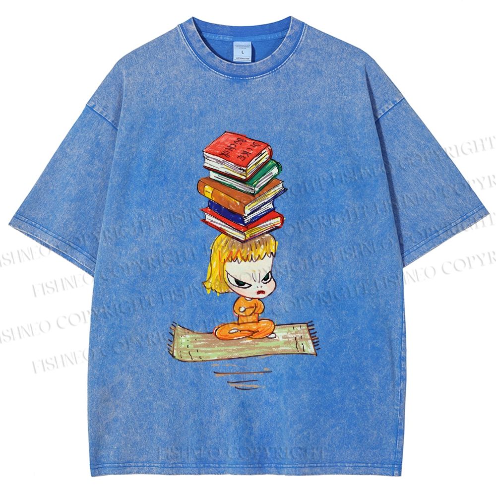 Unisex Yoshitomo Nara Got Books on Head Printed Washed Tee