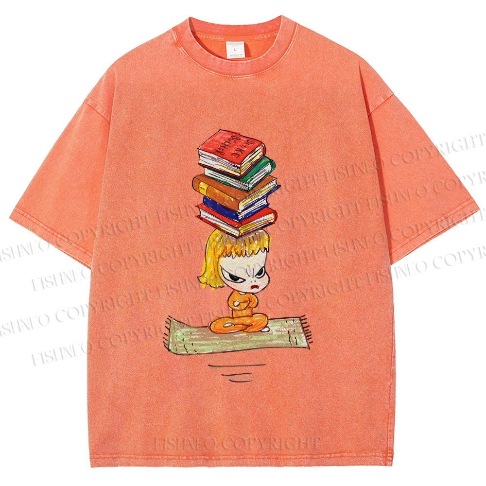Unisex Yoshitomo Nara Got Books on Head Printed Washed Tee