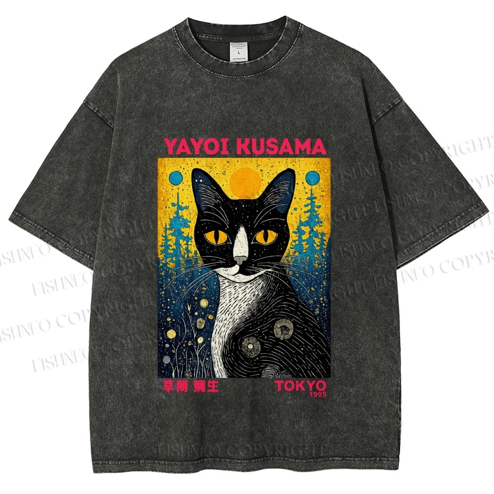 Unisex  Kusama Cat Printed Washed Tee