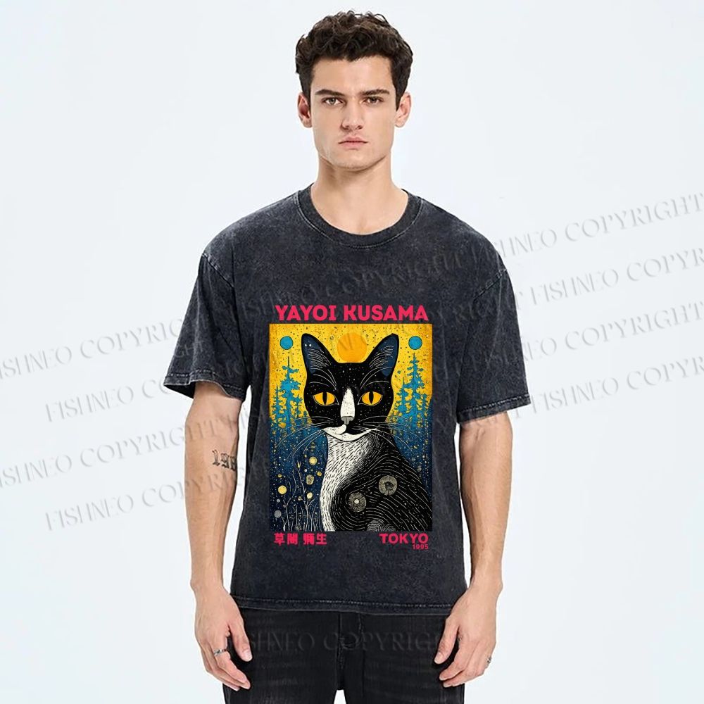 Unisex  Kusama Cat Printed Washed Tee