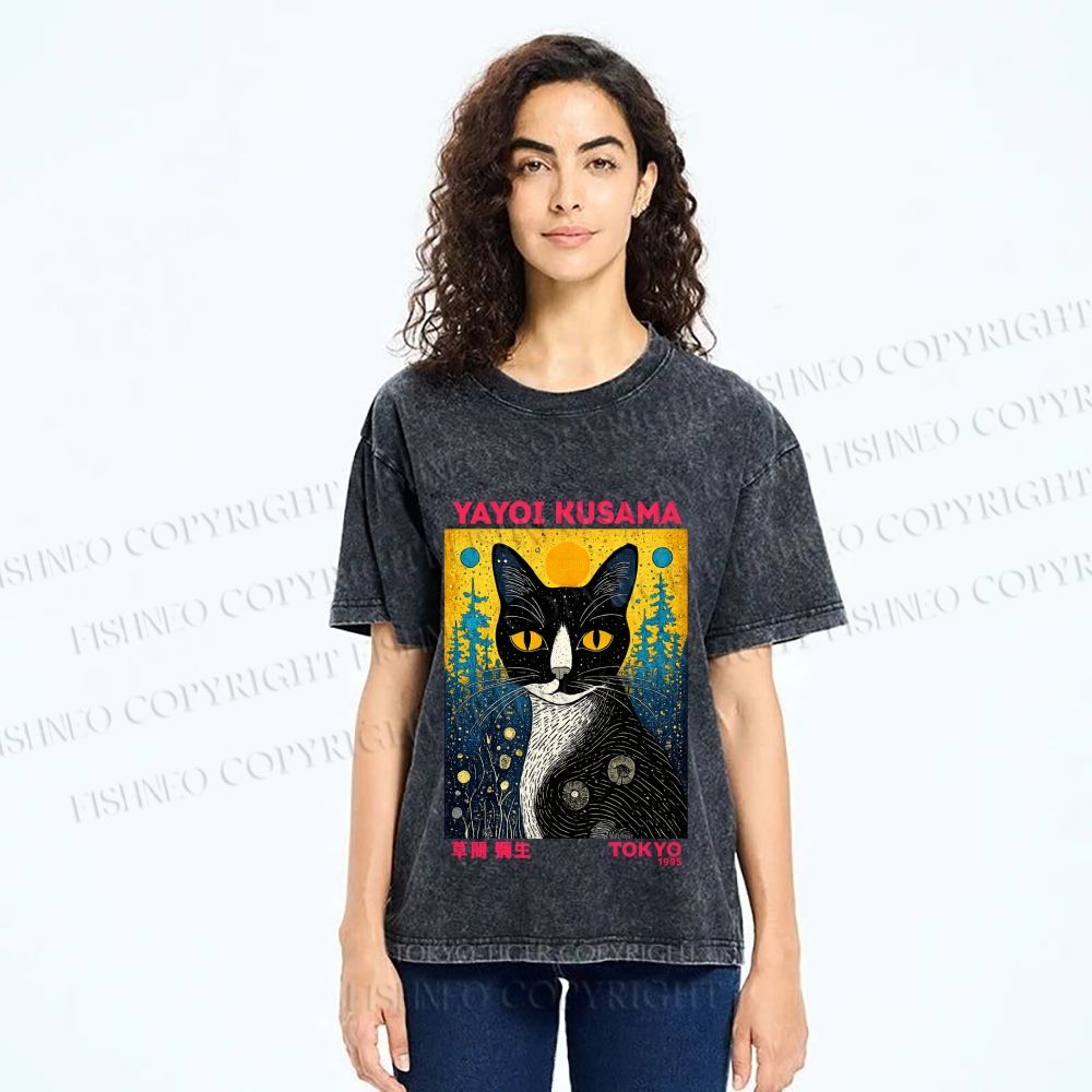 Unisex  Kusama Cat Printed Washed Tee