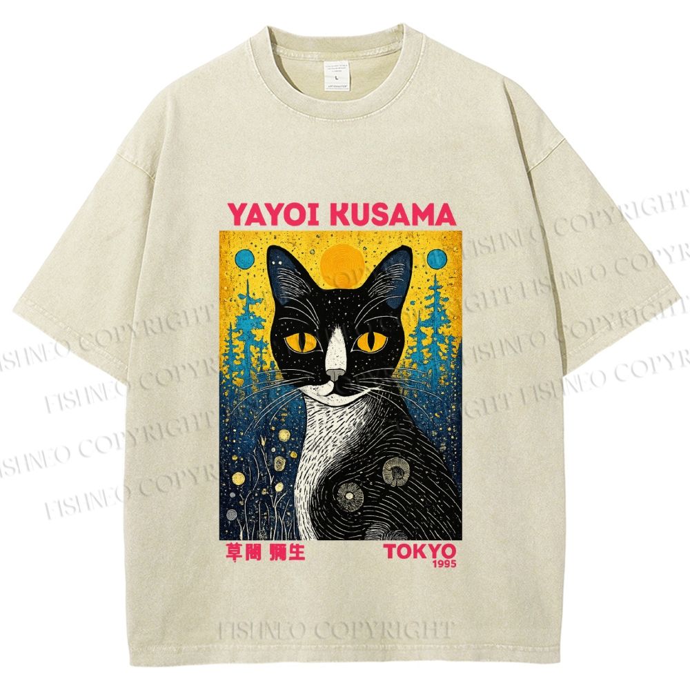 Unisex  Kusama Cat Printed Washed Tee