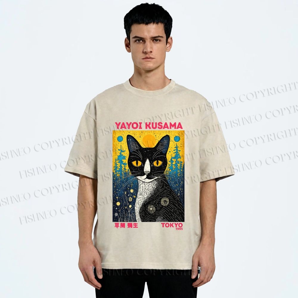 Unisex  Kusama Cat Printed Washed Tee